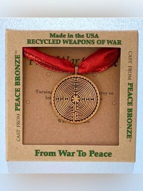 Bronze Labyrinth Ornament / Necklace Pendant with Red Ribbon